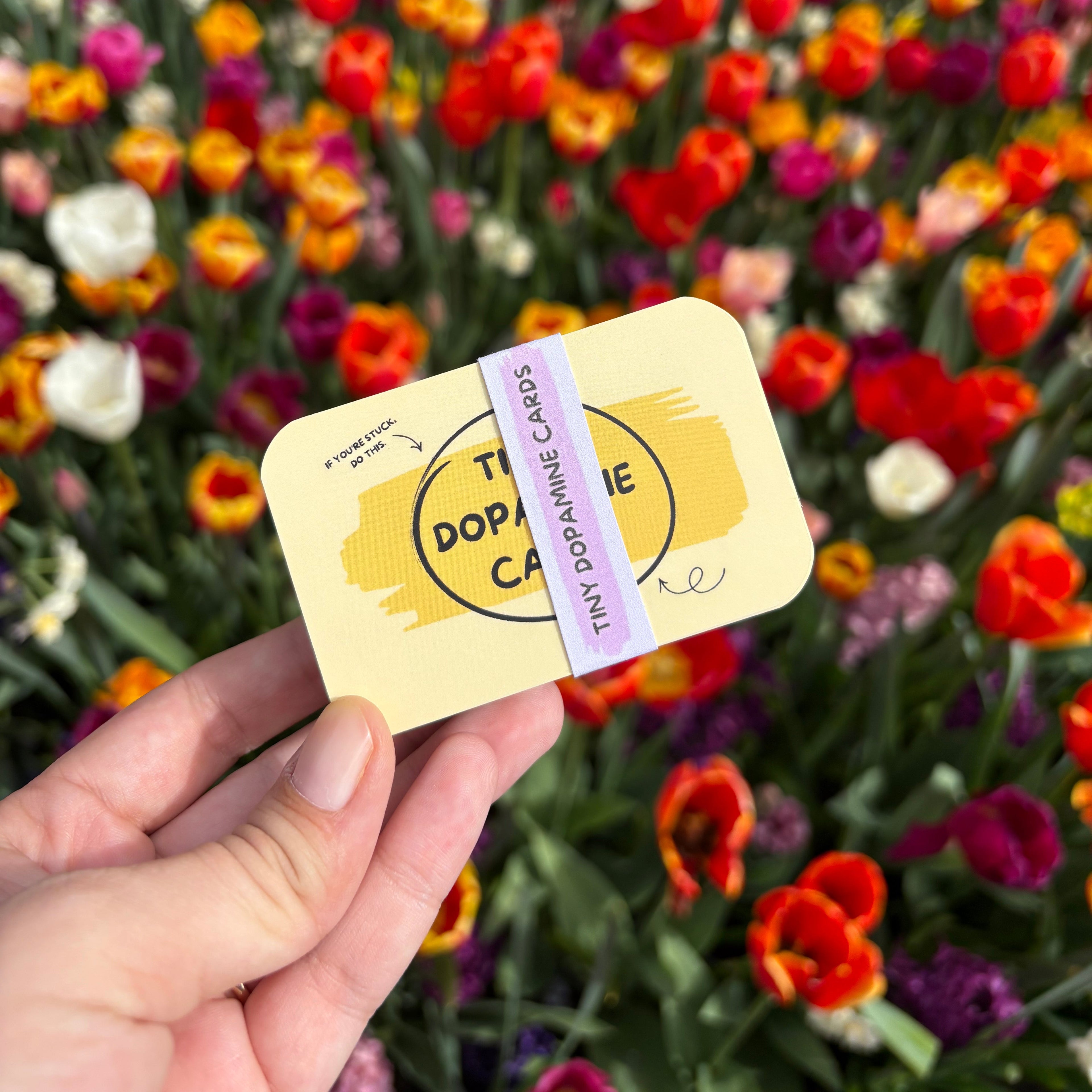 Hand holding a yellow card with text in front of a colorful flower background